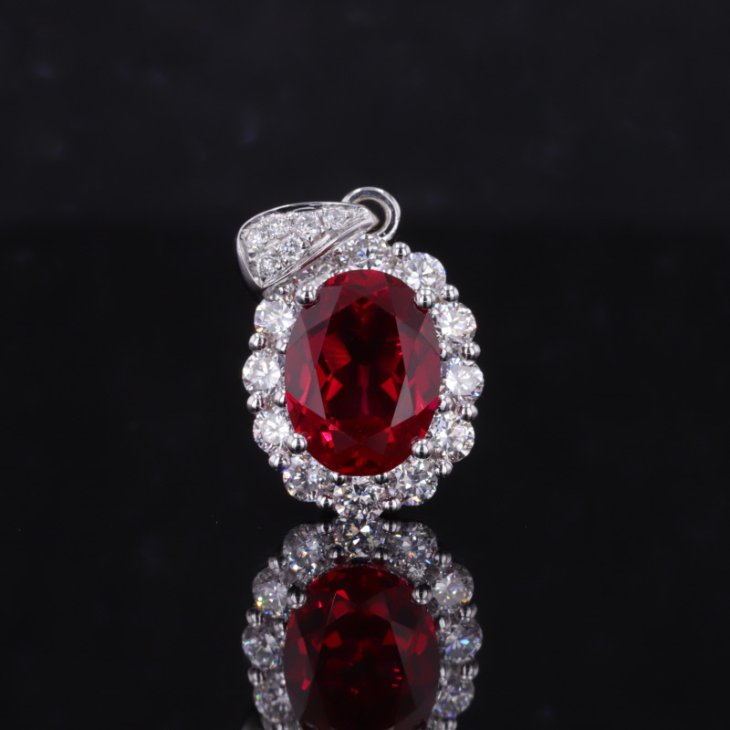 6×8mm Oval Cut Lab Grown Ruby Halo Set 18K White Gold Diamond Pendant