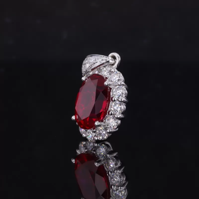 6×8mm Oval Cut Lab Grown Ruby Halo Set 18K White Gold Diamond Pendant