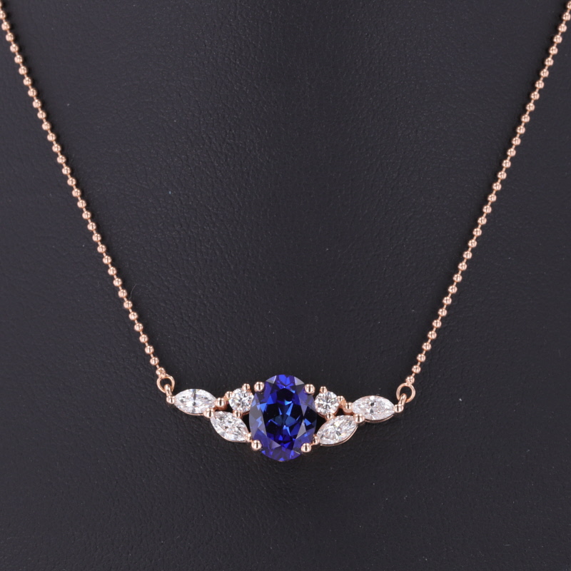 7×9mm Oval Cut Lab Grown Sapphire 18K Rose Gold Diamond Pendant Necklace