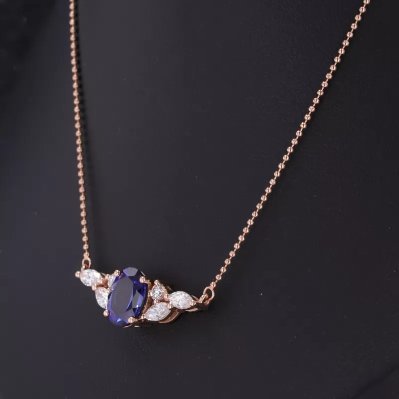 7×9mm Oval Cut Lab Grown Sapphire 18K Rose Gold Diamond Pendant Necklace