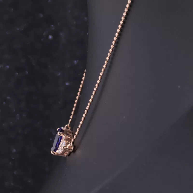 7×9mm Oval Cut Lab Grown Sapphire 18K Rose Gold Diamond Pendant Necklace