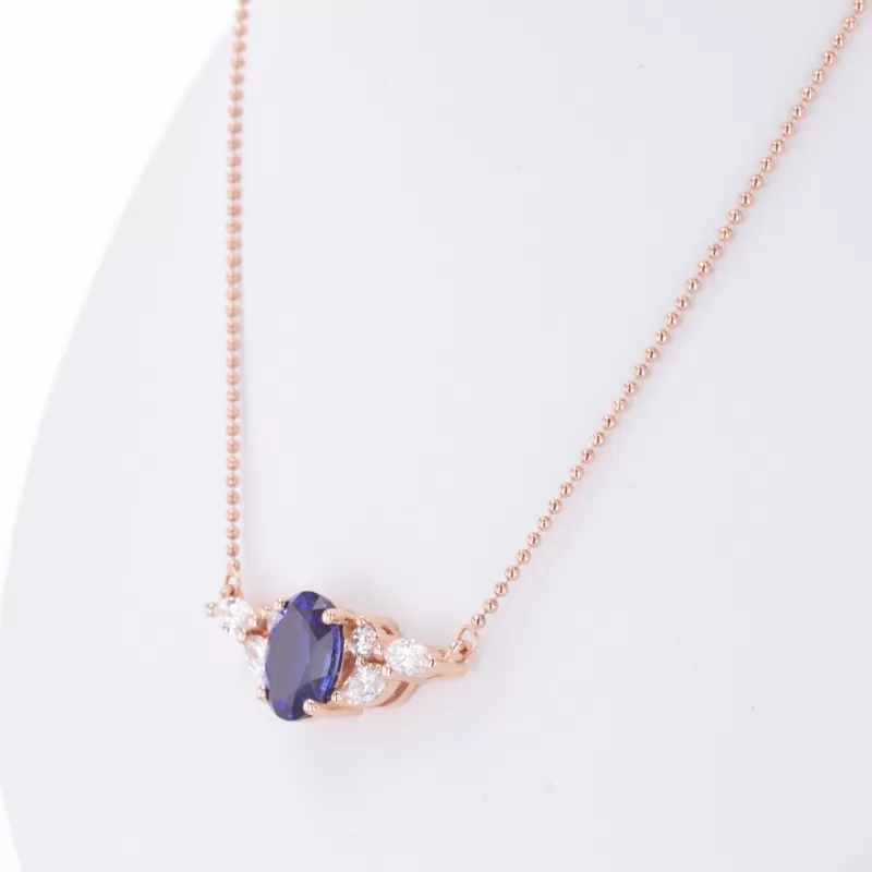 7×9mm Oval Cut Lab Grown Sapphire 18K Rose Gold Diamond Pendant Necklace