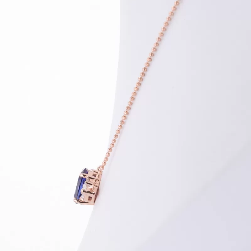 7×9mm Oval Cut Lab Grown Sapphire 18K Rose Gold Diamond Pendant Necklace