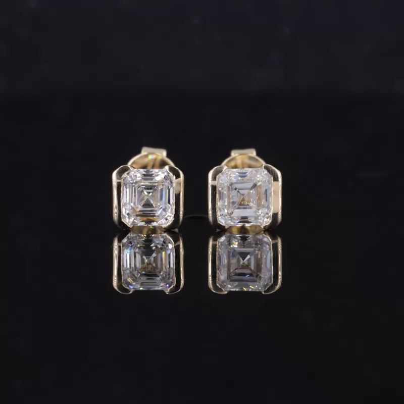 Asscher Cut Lab Grown Diamond Tension Set 14K Yellow Gold Diamond Stud Earrings