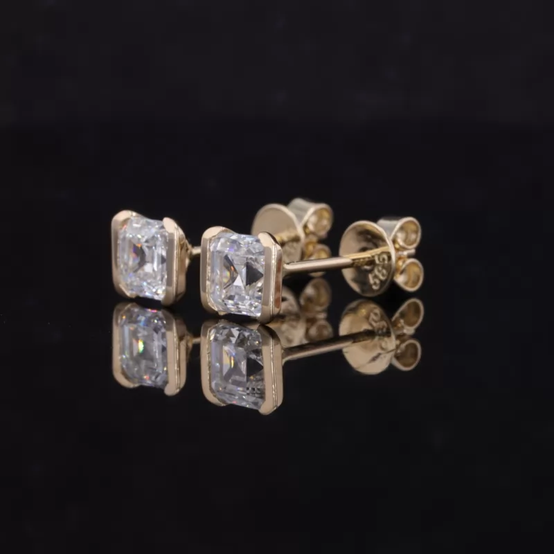 Asscher Cut Lab Grown Diamond Tension Set 14K Yellow Gold Diamond Stud Earrings