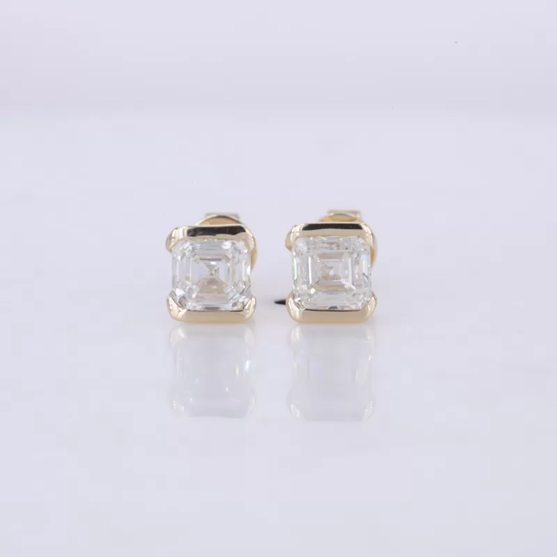 Asscher Cut Lab Grown Diamond Tension Set 14K Yellow Gold Diamond Stud Earrings