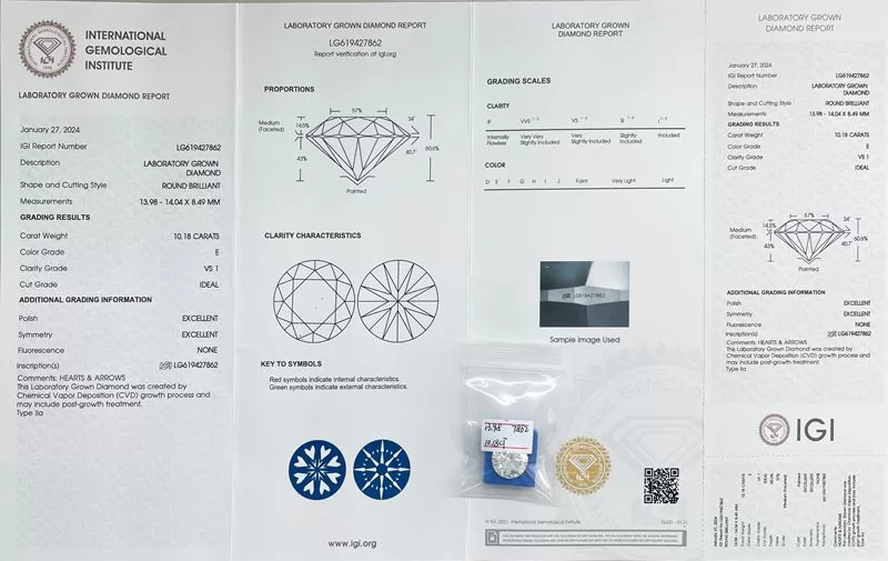 Round Cut 10.18CT  CVD Lab Grown Diamond