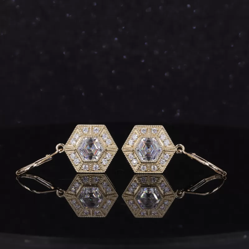 6.5×6.5mm Hexagonal Shape Moissanite 10K Yellow Gold Diamond Earrings
