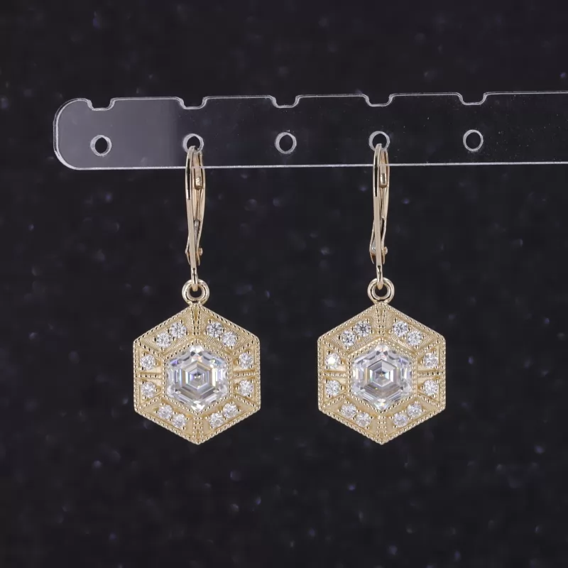 6.5×6.5mm Hexagonal Shape Moissanite 10K Yellow Gold Diamond Earrings