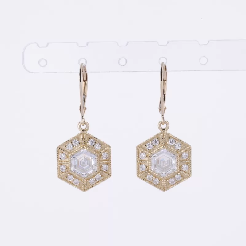 6.5×6.5mm Hexagonal Shape Moissanite 10K Yellow Gold Diamond Earrings