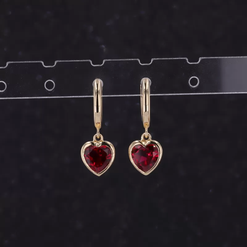 6×6mm Heart Cut Lab Grown Ruby Bezel Set 18K Yellow Gold Diamond Earrings