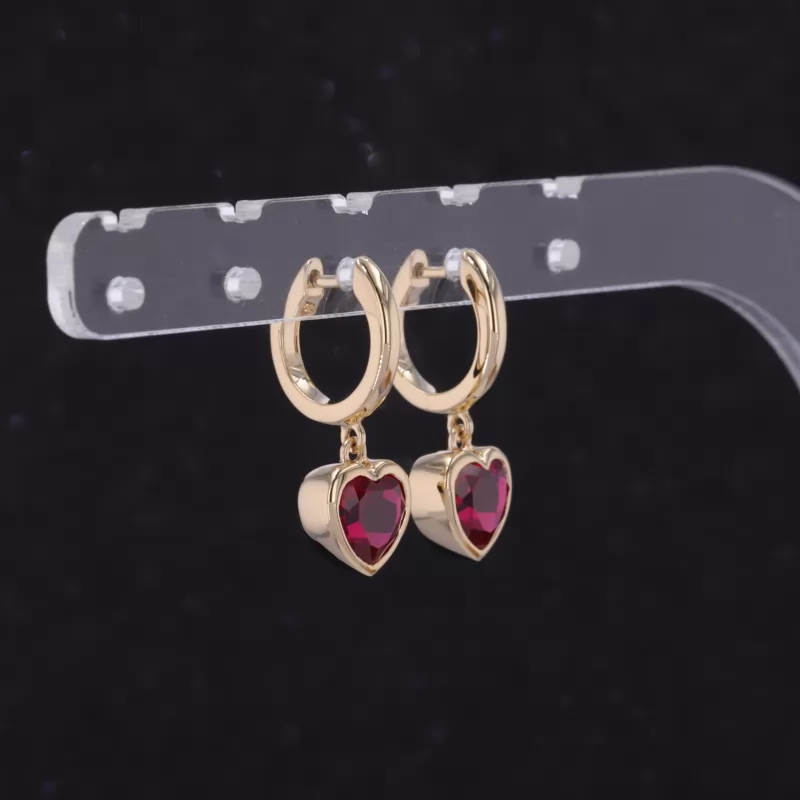 6×6mm Heart Cut Lab Grown Ruby Bezel Set 18K Yellow Gold Diamond Earrings