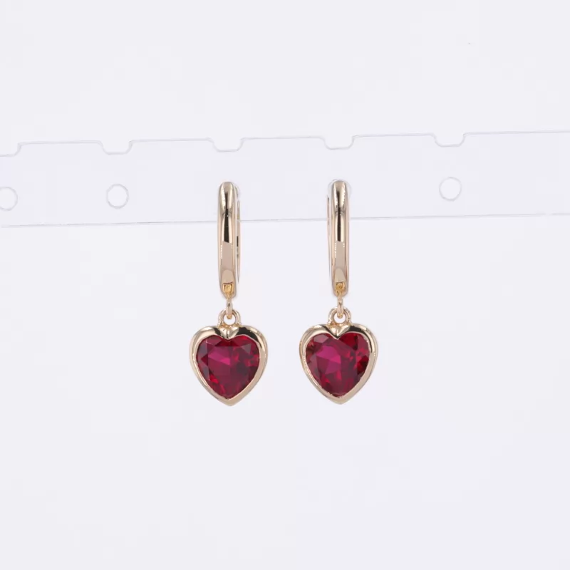 6×6mm Heart Cut Lab Grown Ruby Bezel Set 18K Yellow Gold Diamond Earrings