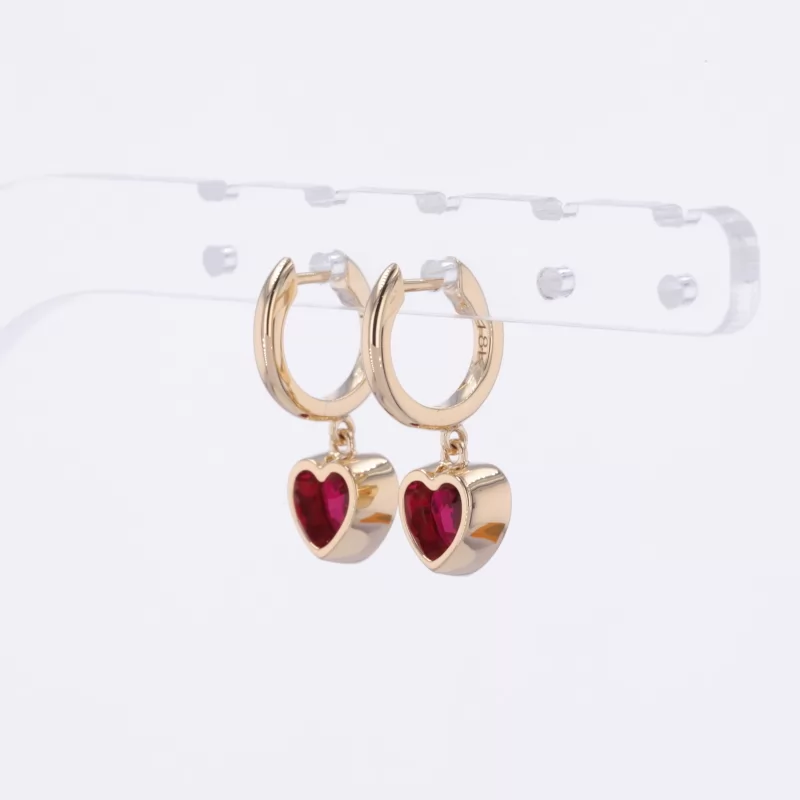 6×6mm Heart Cut Lab Grown Ruby Bezel Set 18K Yellow Gold Diamond Earrings