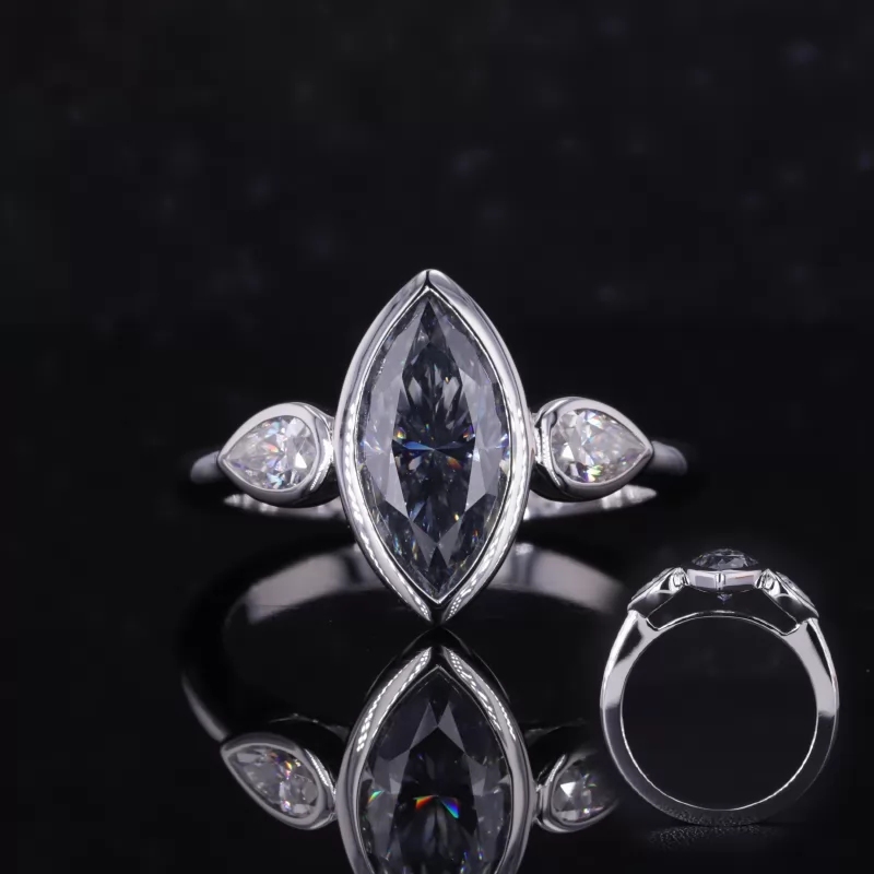 6×12mm Marquise Cut Dark Grey Moissanite 10K White Gold Three Stone Engagement Ring