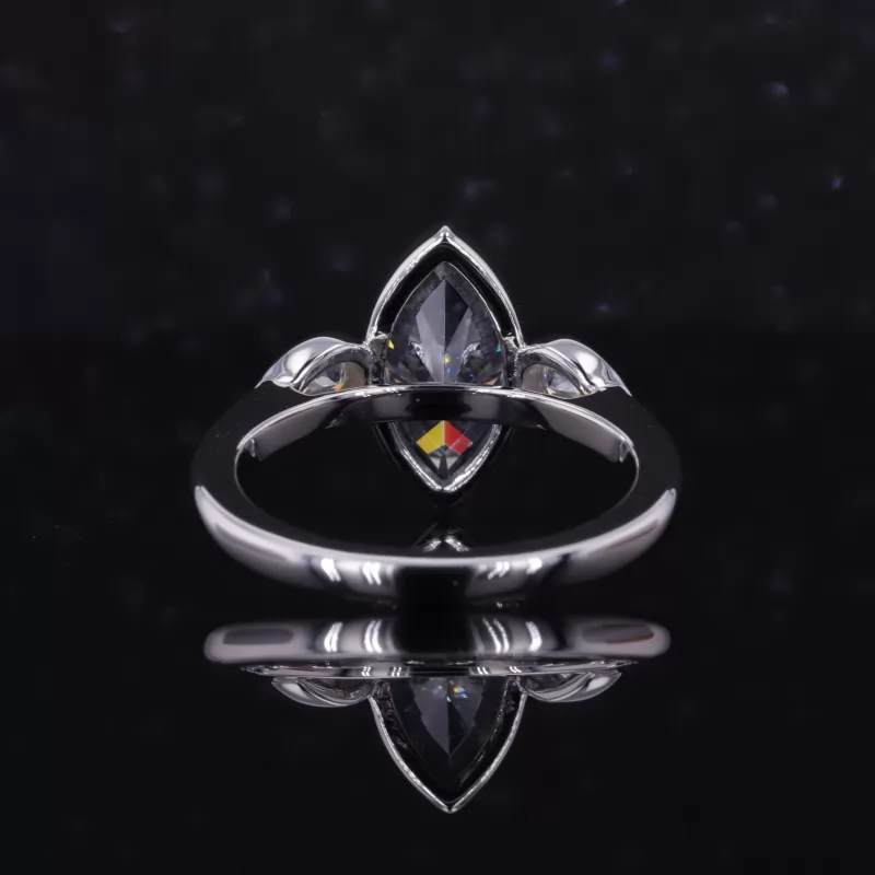 6×12mm Marquise Cut Dark Grey Moissanite 10K White Gold Three Stone Engagement Ring