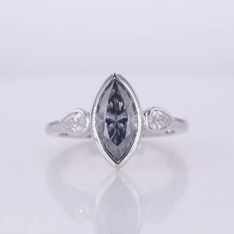 6×12mm Marquise Cut Dark Grey Moissanite 10K White Gold Three Stone Engagement Ring