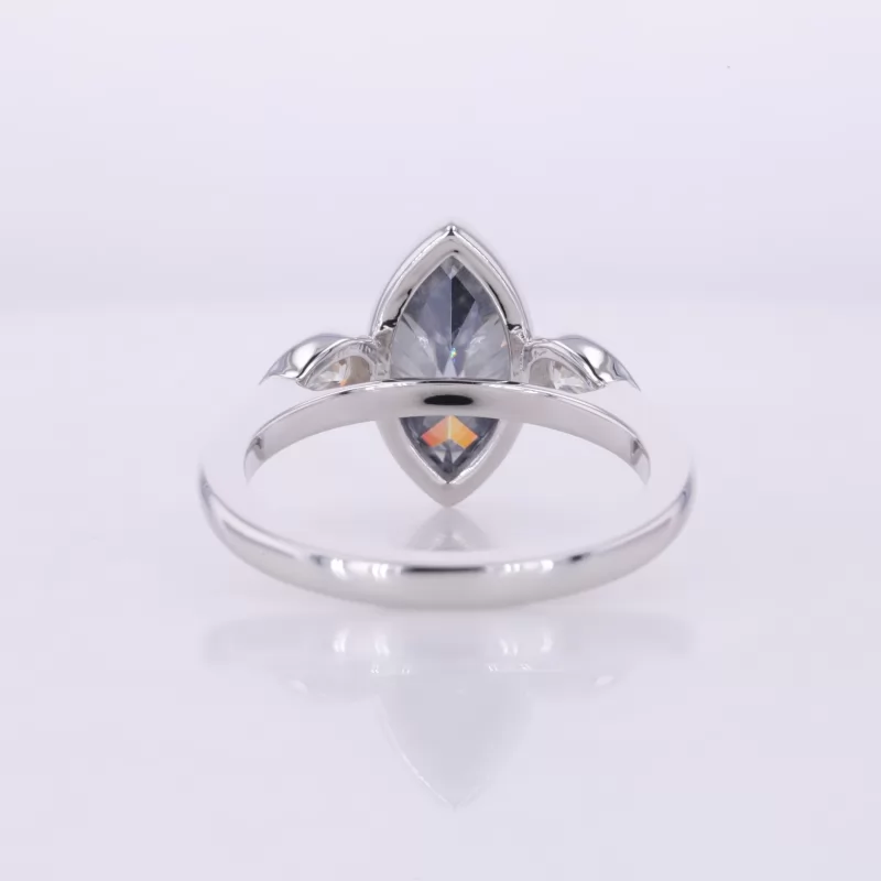 6×12mm Marquise Cut Dark Grey Moissanite 10K White Gold Three Stone Engagement Ring