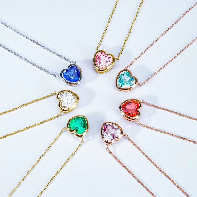 7×7mm Heart Cut Lab Gemstones Bezel Set Diamond Pendant Necklaces
