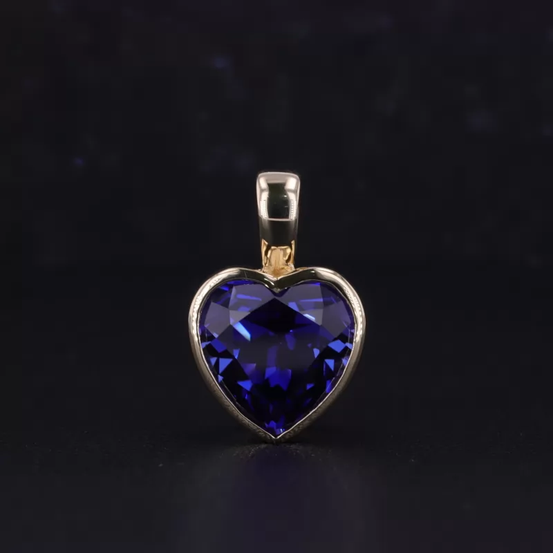 10×10mm Heart Cut Lab Grown Sapphire Bezel Set 14K Yellow Gold Diamond Pendant