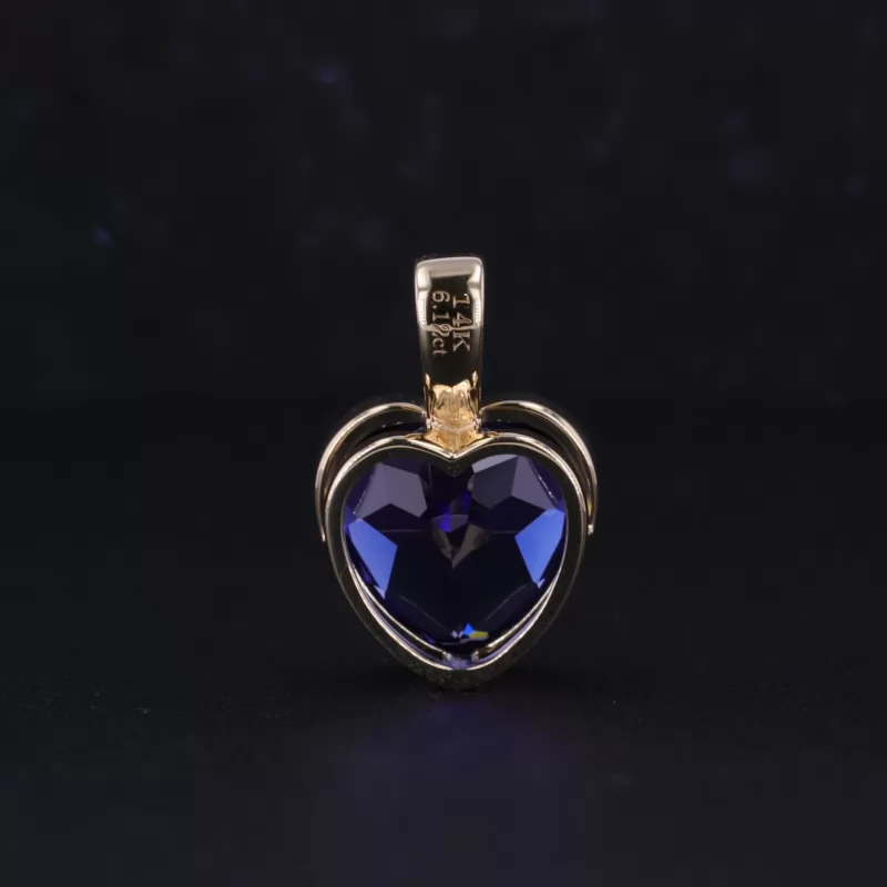 10×10mm Heart Cut Lab Grown Sapphire Bezel Set 14K Yellow Gold Diamond Pendant