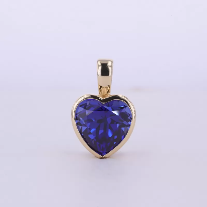 10×10mm Heart Cut Lab Grown Sapphire Bezel Set 14K Yellow Gold Diamond Pendant