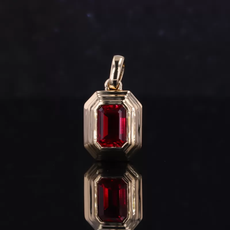 5×7mm Octagon Emerald Cut Lab Grown Ruby Bezel Set 18K Yellow Gold Diamond Pendant