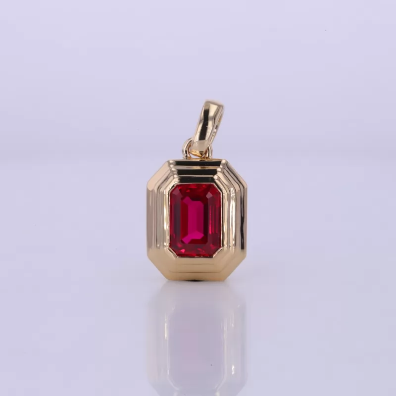 5×7mm Octagon Emerald Cut Lab Grown Ruby Bezel Set 18K Yellow Gold Diamond Pendant