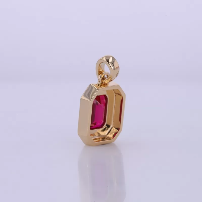 5×7mm Octagon Emerald Cut Lab Grown Ruby Bezel Set 18K Yellow Gold Diamond Pendant