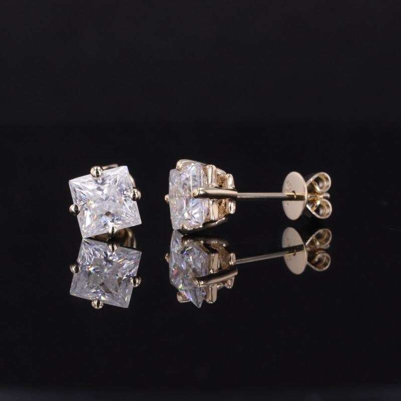 5.5×5.5mm Princess Cut Moissanite 14K Yellow Gold Diamond Stud Earrings