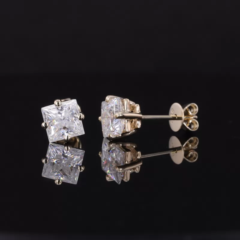 5.5×5.5mm Princess Cut Moissanite 14K Yellow Gold Diamond Stud Earrings