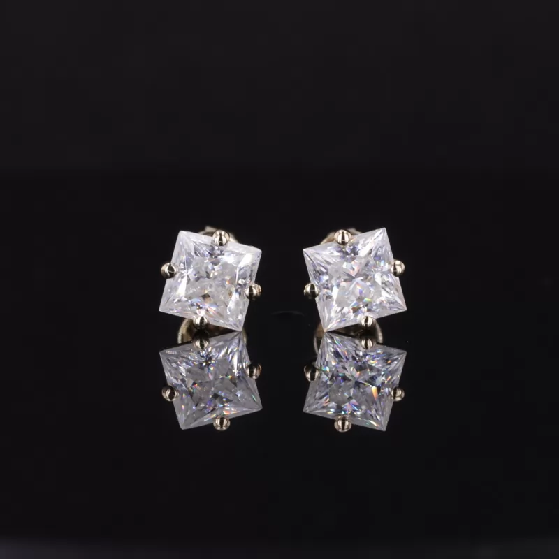 5.5×5.5mm Princess Cut Moissanite 14K Yellow Gold Diamond Stud Earrings