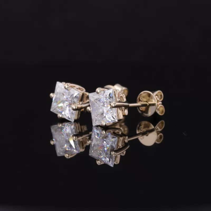 5.5×5.5mm Princess Cut Moissanite 14K Yellow Gold Diamond Stud Earrings