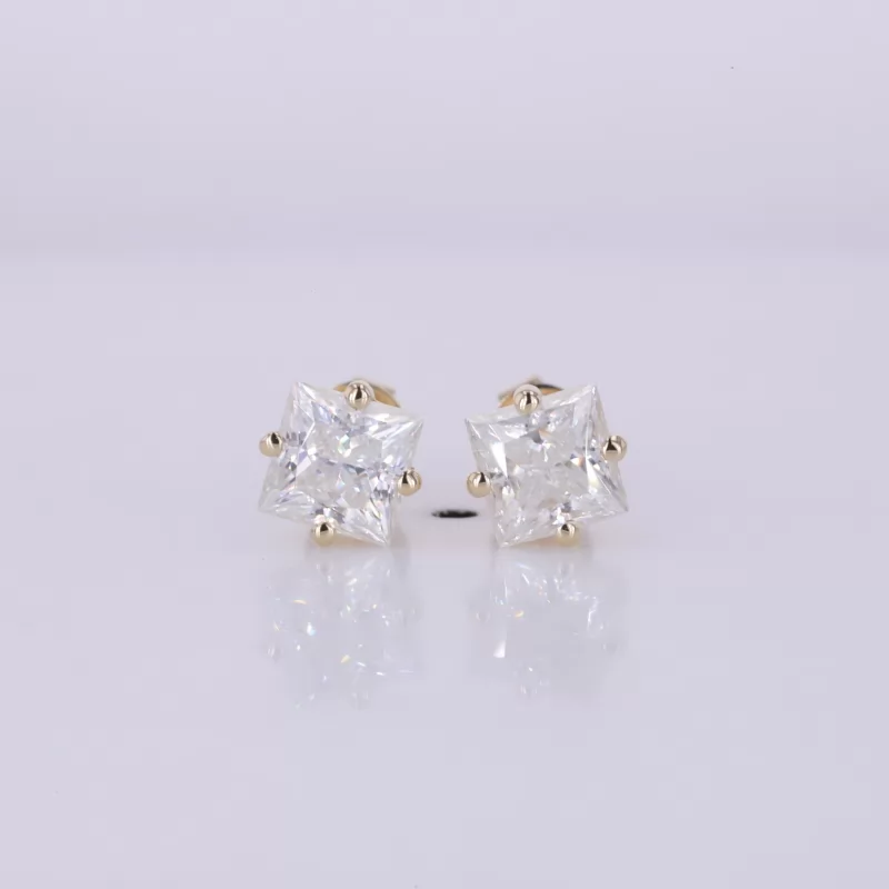 5.5×5.5mm Princess Cut Moissanite 14K Yellow Gold Diamond Stud Earrings