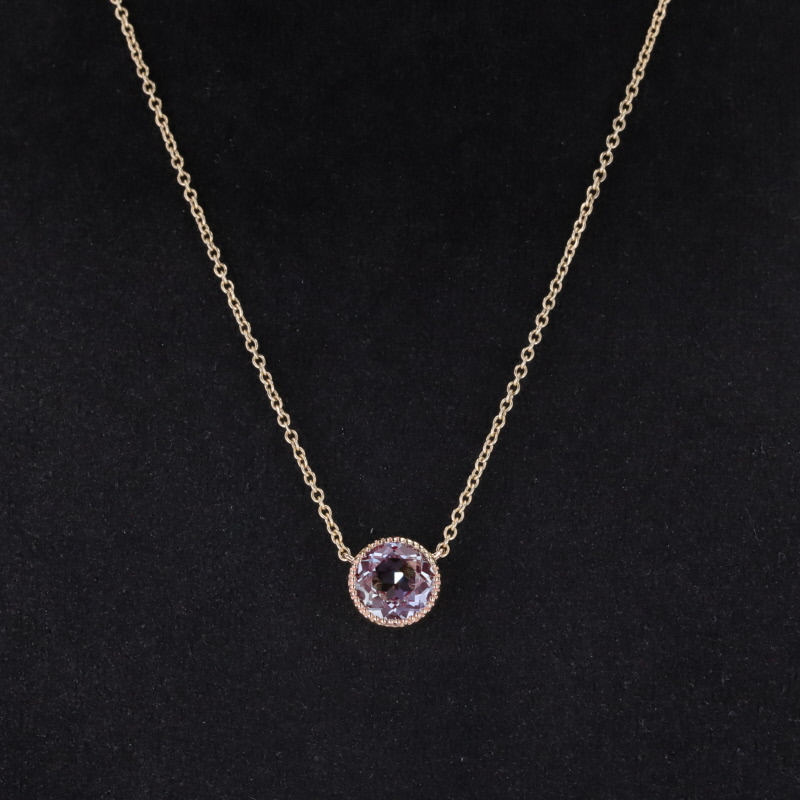 7mm Round Brilliant Cut Lab Grown Alexandrite Sapphire Bezel Set 14K Yellow Gold Diamond Pendant Necklace