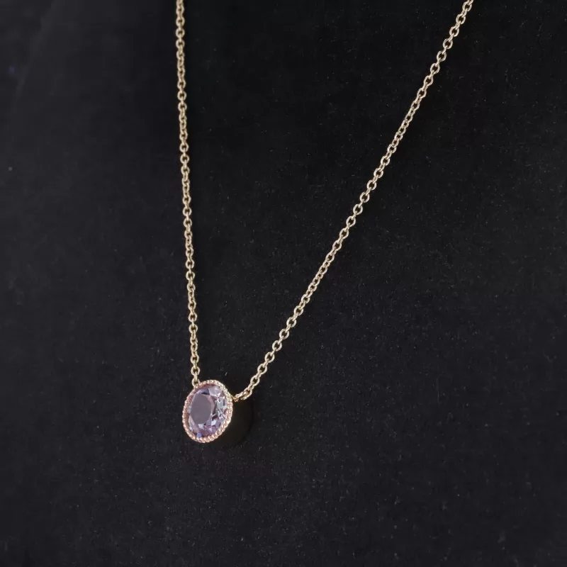 7mm Round Brilliant Cut Lab Grown Alexandrite Sapphire Bezel Set 14K Yellow Gold Diamond Pendant Necklace