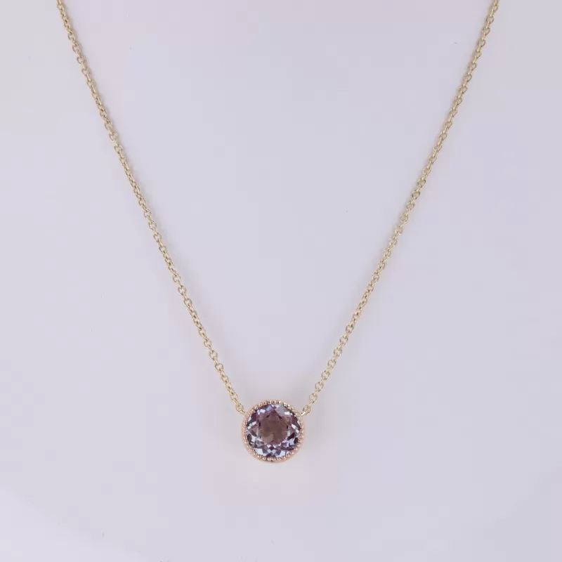 7mm Round Brilliant Cut Lab Grown Alexandrite Sapphire Bezel Set 14K Yellow Gold Diamond Pendant Necklace