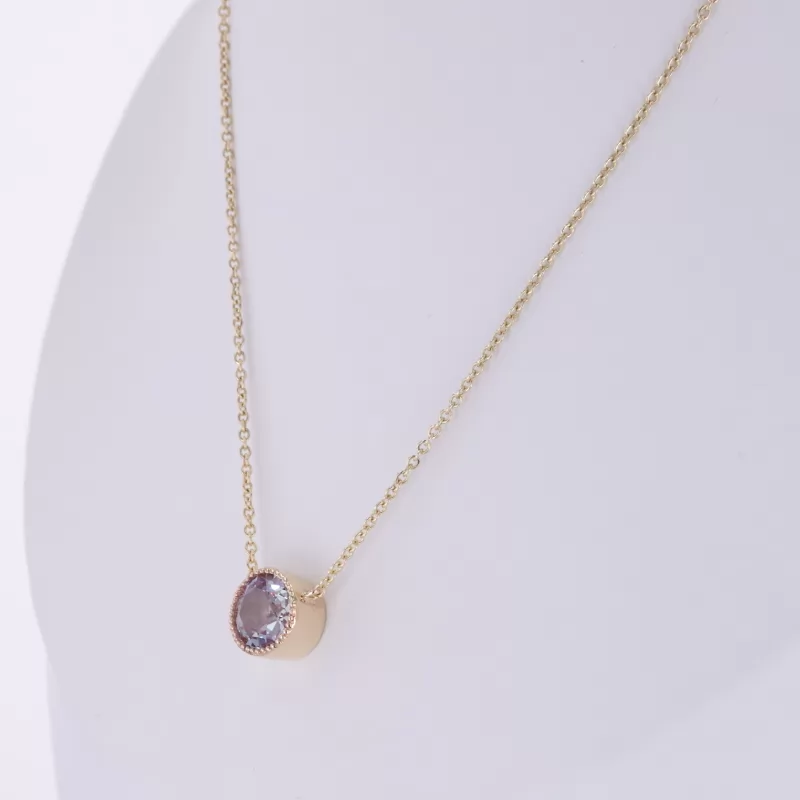 7mm Round Brilliant Cut Lab Grown Alexandrite Sapphire Bezel Set 14K Yellow Gold Diamond Pendant Necklace