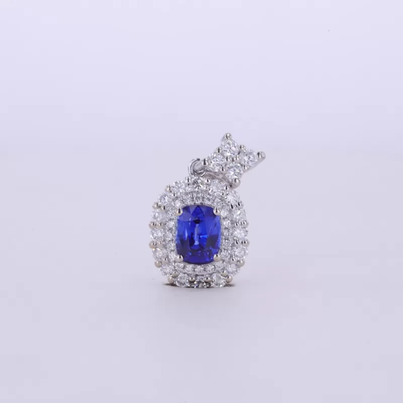 5.5×4.1mm Cushion Cut Lab Grown Sapphire 18K White Gold Diamond Pendant