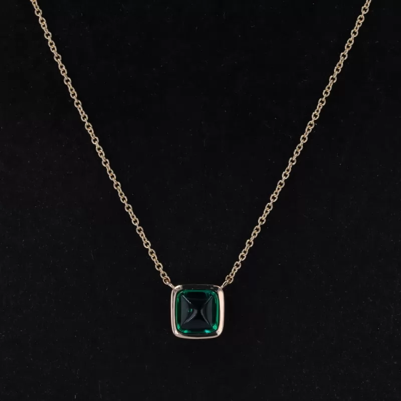 6×6mm Sugar Loaf Cut Lab Grown Emerald Bezel Set 14K Yellow Gold Diamond Pendant Necklace