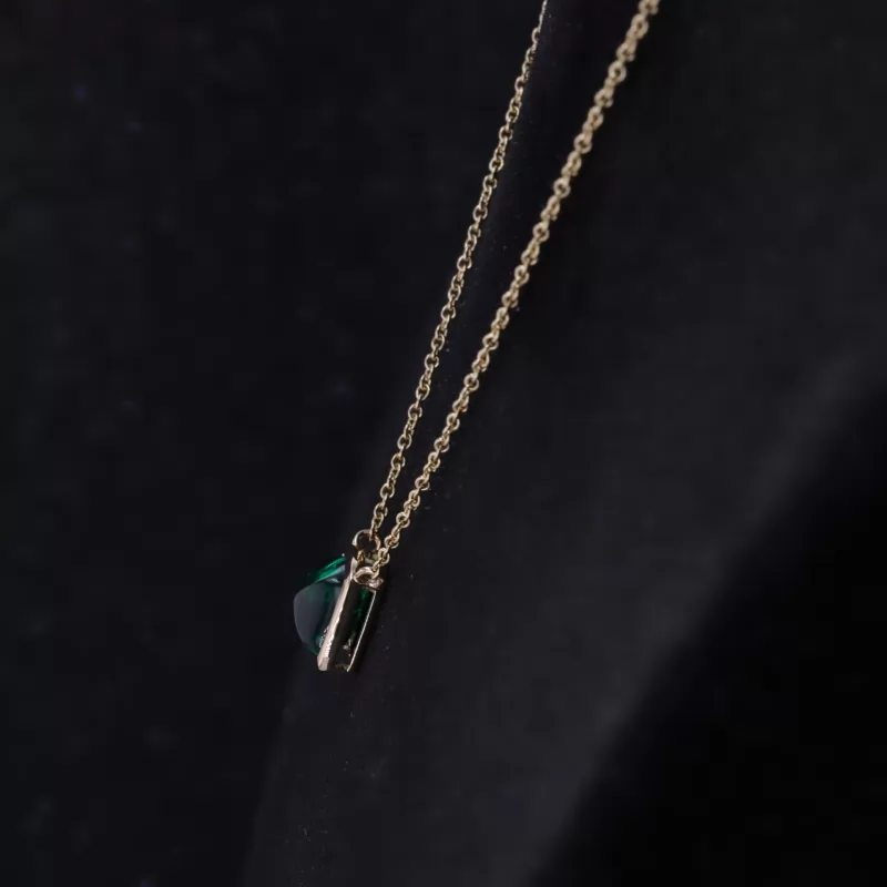 6×6mm Sugar Loaf Cut Lab Grown Emerald Bezel Set 14K Yellow Gold Diamond Pendant Necklace