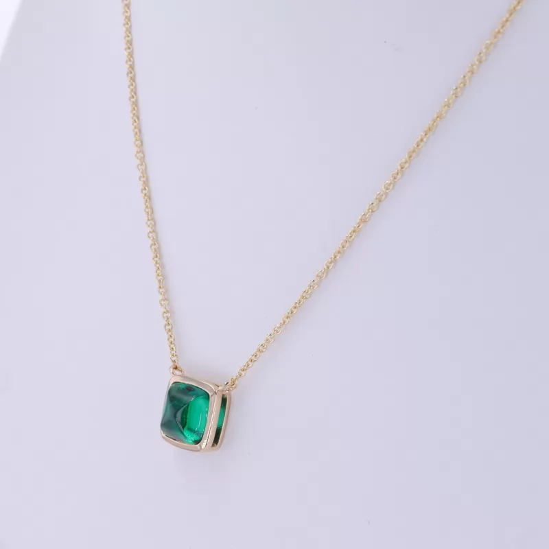 6×6mm Sugar Loaf Cut Lab Grown Emerald Bezel Set 14K Yellow Gold Diamond Pendant Necklace