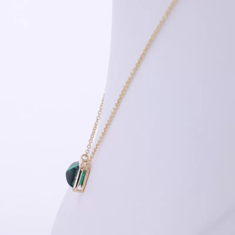 6×6mm Sugar Loaf Cut Lab Grown Emerald Bezel Set 14K Yellow Gold Diamond Pendant Necklace