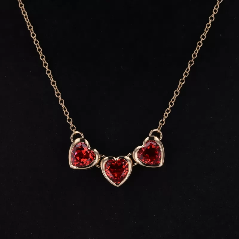 7×7mm Heart Cut Lab Grown Ruby Bezel Set 18K Yellow Gold Diamond Pendant Necklace