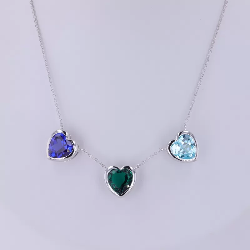 8×8mm Heart Cut Lab Gemstones Bezel Set 14K White Gold Diamond Pendant Necklace