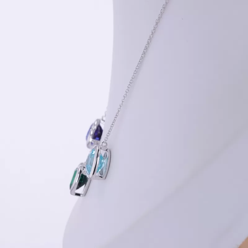 8×8mm Heart Cut Lab Gemstones Bezel Set 14K White Gold Diamond Pendant Necklace