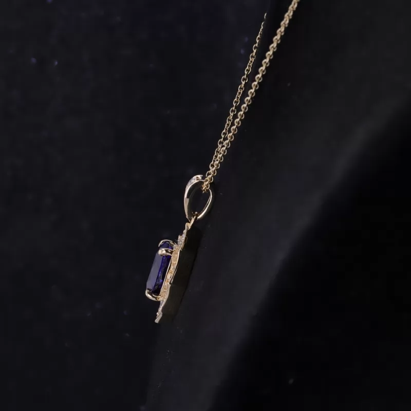 8×10mm Oval Cut Lab Grown Sapphire 14K Yellow Gold Diamond Pendant Necklace