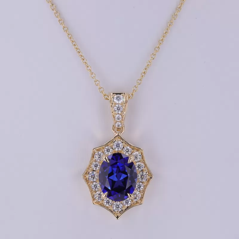 8×10mm Oval Cut Lab Grown Sapphire 14K Yellow Gold Diamond Pendant Necklace