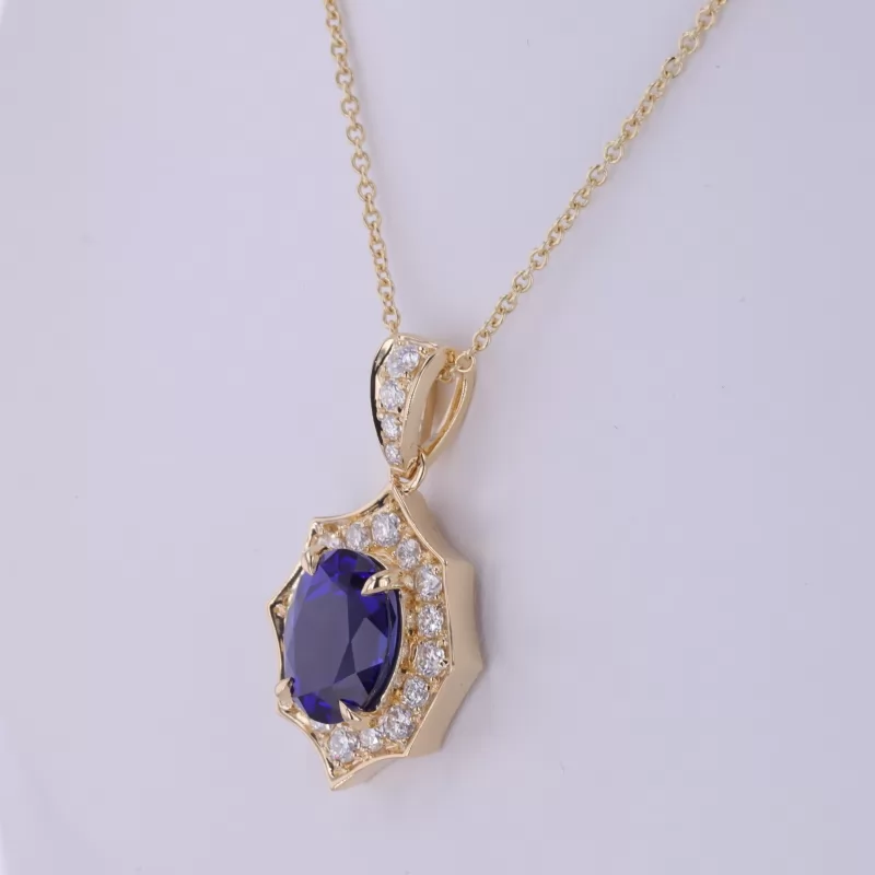 8×10mm Oval Cut Lab Grown Sapphire 14K Yellow Gold Diamond Pendant Necklace