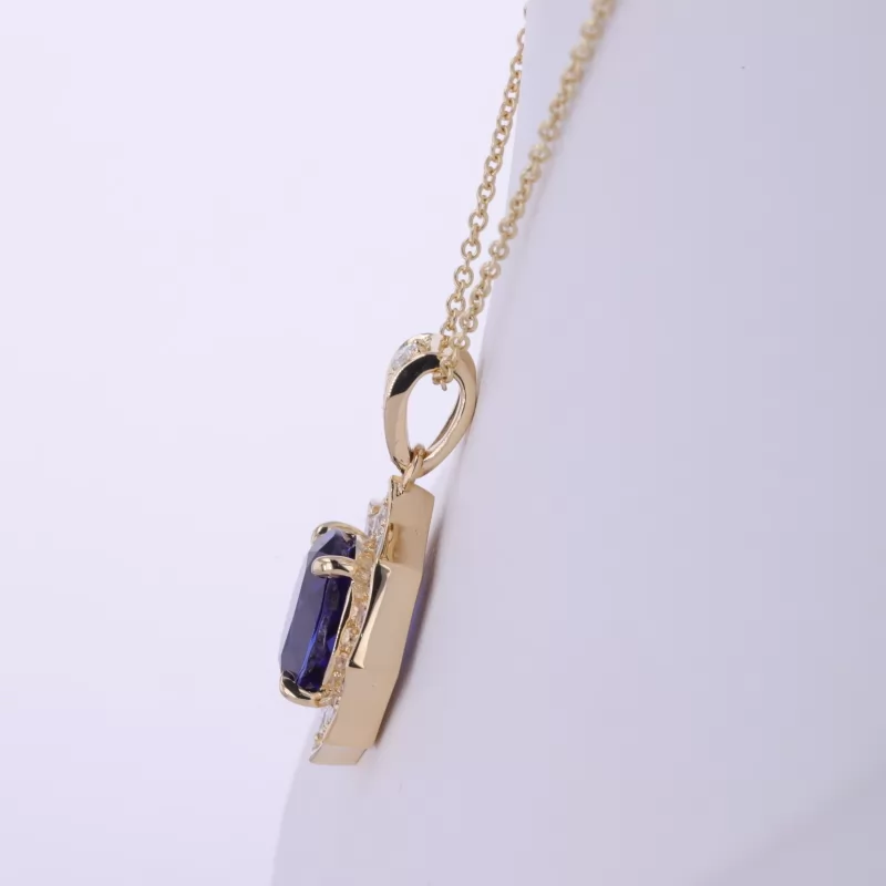 8×10mm Oval Cut Lab Grown Sapphire 14K Yellow Gold Diamond Pendant Necklace